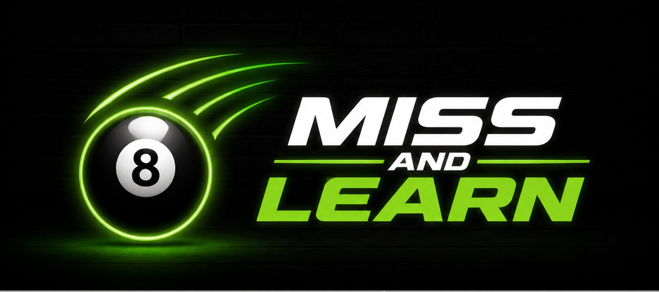 Miss and Learn billiards banner artwork with cue and 8 ball